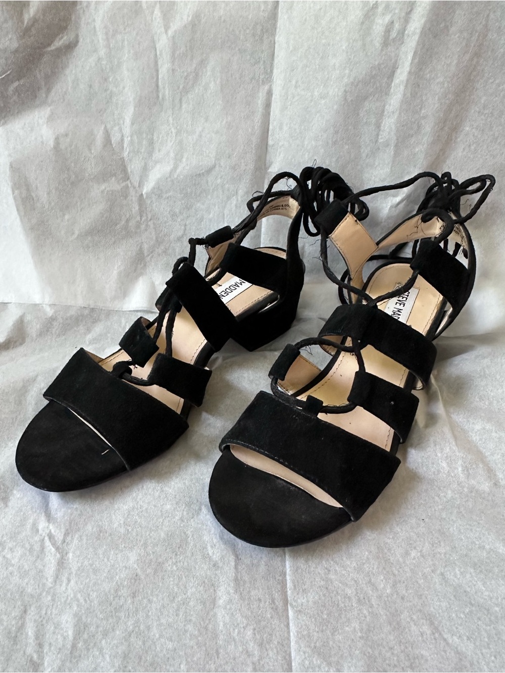 Steve Madden Black Suede Strappy Lace-Up Block Heel Sandals